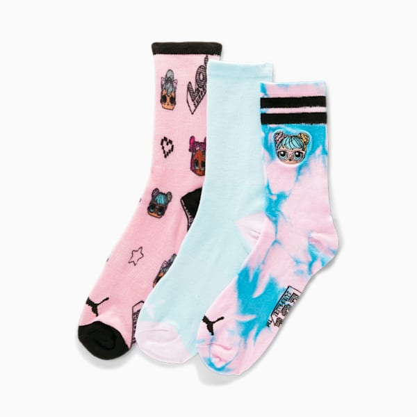 PUMA x L.O.L. Surprise! Girls' Crew Socks [3 Pack], PINK / BLUE, extralarge